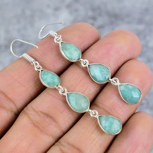 Amazonite Boucles d'oreilles pendantes à trois pierres faites à la main en argent sterling 925 en forme de poire Boucles d'oreilles pendantes tendance pour femmes - Product Image 4