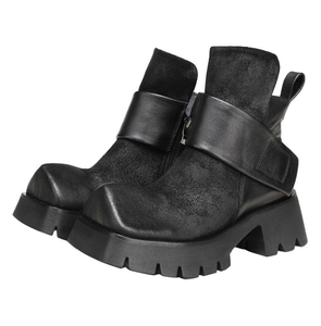 Botas de Tobillo CHUKKA de Cuero Genuino Negro para Mujer, Tacón Grueso, Plataforma, Cordones, Hebilla, Punta Cuadrada, Antideslizantes, para Todas las Temporadas - Product Image 1