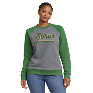 Steel Grey 08 Soror Raglan Sleeve Crewneck Sweatshirt Greek Sorority Womens Pink Green College Sisterhood Stylish Casual Apparel - Product Image 1