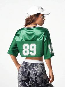 Women's Cropped <b>Green</b> American Football Jersey <b>Top</b> Breathable V-Neck <b>Mesh</b> Sports Tee Summer Streetwear Sublimation for Wear - Product Image 5
