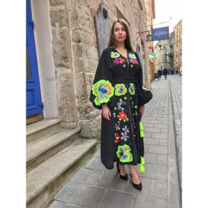 New Fashion Wholesale Vintage Look Black Ukrainian Dress With Embroidery Belt Tassel Full Sleeve Long Maxi Dress