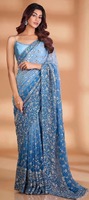 Saree Panjang Tradisional India & Pakistan dengan Batik Tangan dan Bulu Imitasi untuk Wanita, Pakaian Pesta, Bebas Kerut, Warna Dapat Disesuaikan