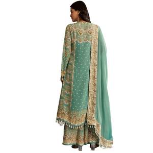 เครพสีเขียวอ่อนพิมพ์ลายเคอร์ตาพาลาซโซกับ dupatta เครื่องแต่งกายชาติพันธุ์สำหรับผู้หญิงขายส่งโรงงานผู้ผลิตจำนวนมาก - Product Image 4