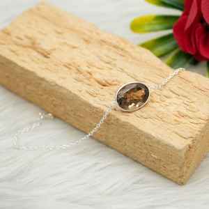 Pulsera de cadena de Plata de Ley 925 con piedras preciosas de cuarzo ahumado para mujer, pulsera de cadena con bisel de piedra de cuarzo ahumado, regalo para ella - Product Image 4