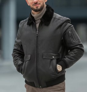 Chaqueta de Cuero de Oveja Negra para Hombre, Chaqueta Bomber con Cuello Alto, Abrigo Cálido de Invierno, Forro de Algodón, Ropa de Moto Informal, Regalo - Product Image 1
