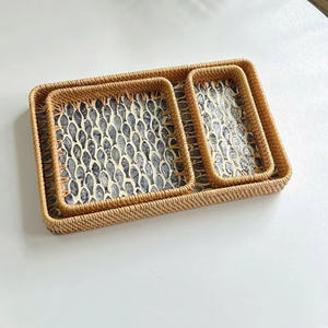 2024 usine gros paniers de rangement plateau de service en bois avec coquille de rotin mosaïque décor à la maison table alimentaire fruits organisateur - Product Image 3