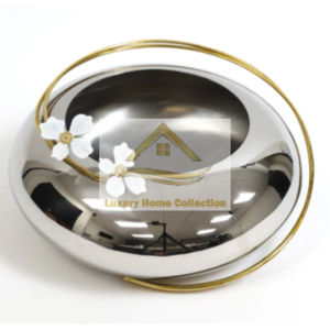 Superior Quality Hand Crafted Metal Food Serving Stainless <b>Steel</b> <b>Bowl</b> With Brass Flower Attached Gold Color Supplier From India - Product Image 6