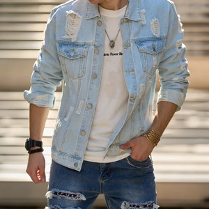 แจ็กเก็ตผ้ายีนส์ของผู้ชายเสื้อโค้ทลำลองมีรูทำจากผ้าใบที่ทนทาน - Product Image 3