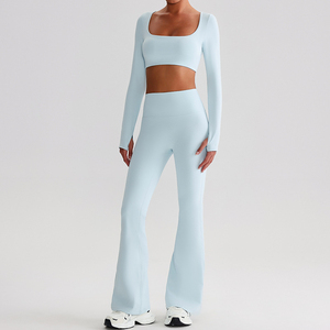 Logo personnalisé Ensemble d'entraînement de yoga à manches longues pour femmes Combinaison de yoga deux pièces taille haute pour femmes - Product Image 5