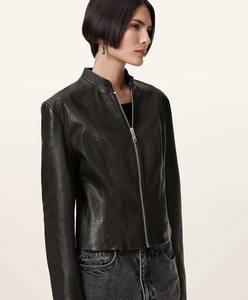Veste matelassée en cuir véritable noir pour femme, respirante, col montant, fermeture éclair, coupe ajustée, style peplum, doublure en coton, décontractée et ajustée - Product Image 2