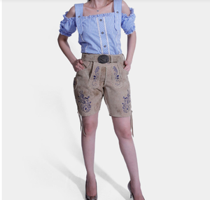 Pantalones cortos de cuero liso con abertura de vaca auténtica Original para mujer, botones bordados con bolsillos delanteros - Product Image 5