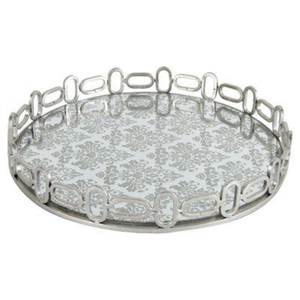 Elegante Bandeja Decorativa Redonda de Metal Plateado con Espejo, Diseño Único y Base de Vidrio Grabado para el Hogar y Eventos - Product Image 1