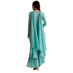 Bầu Trờ<span class=keywords><strong>i</strong></span> Màu Xanh Chinon Phía Trước Khe Kurta Palazzo Phù Hợp Vớ<span class=keywords><strong>i</strong></span> Vớ<span class=keywords><strong>i</strong></span> Choker Phong Cách Dupatta Bán Buôn Phụ Nữ Dân tộc Trang Phục OEM Nhà Máy Số Lượng Lớn Nhà Cung Cấp - Product Image 5