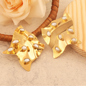 Boucle d'oreille perle d'eau douce naturelle faite à la main designer 18k plaqué or abstrait boucle d'oreille femmes mode bijoux géométrique goujon - Product Image 2