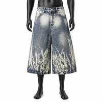 Shorts en jean délavé pour homme, coupe ample, longueur genou, style streetwear, avec broderie personnalisée effet vieilli