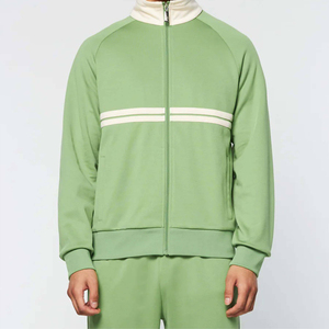 Ensemble de survêtement vert clair pour homme, veste zippée avec bande blanche et pantalon assorti, polyester, tenue décontractée athlétique en deux pièces - Product Image 2