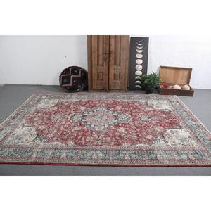 Vintage 7.1x10.4 ft Rug, Turkish Rug, <b>Red</b> Abstract Rug <b>Wool</b> - Product Image 2