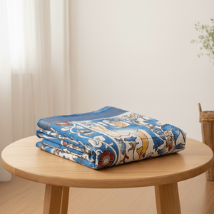 Sari de Algodón Kalamkari Azul Marfil con Decoración Bordada - Product Image 5