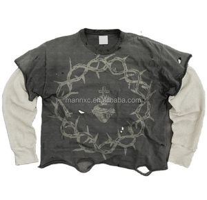 T-shirt imprimé à l'écran, tee-shirt vintage en coton, déchiré, double couche, manches longues en gaufre, délavé à l'acide, t-shirts pour hommes - Product Image 2