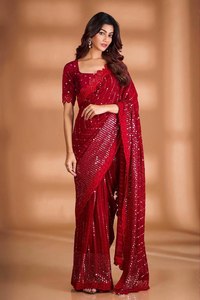 Hot Red Color Dinner & Party Spécial Faux Georgette Broderie Séquence Travail 5.5 MTR Longue Longueur Confortable Saree Pour La Mariée - Product Image 3