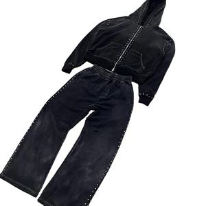 Conjunto Deportivo Personalizado para Hombre, Sudadera con Capucha y Cremallera, Estilo Holgado con Hombros Caídos, Lavado Ácido, Pantalones Deportivos de Algodón 100% con Pedrería - Product Image 6