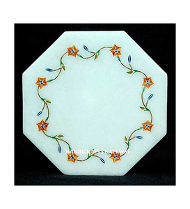 Dessus de table à café et à thé de forme octogonale de conception simple en marbre blanc massif avec tache touristique de jardin de dessus de table à bas prix - Product Image 1