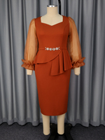 ADR051169 Robe de bureau pour femme à col cœur en maille à manches longues, patchwork et volants, idéale pour l'été