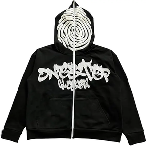 เสื้อมีฮู้ดแบบซิปรูดพิมพ์3D สำหรับผู้ชายผ้าฝ้ายปักลายหนาหนัก500 GSM - Product Image 1