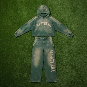 Conjunto de Sudadera con Capucha y Pantalones Jogger de Forro Polar Verde para Mujer Ma-Attiera, Estilo Urbano, Holgado, con Estampado de Letras Teñidas, Dos Piezas - Product Image 5