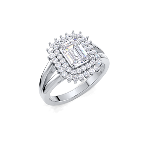 IGI Certified Emerald Cut Lab Grown Diamond Double Halo <b>Split</b> Shank Engagement-Wedding <b>Ring</b> in 14K Yellow / White & Rose Gold - Product Image 2