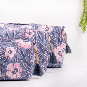 Belle main gris Floral matelassé Vintage résistant à l'eau écologique fermeture à glissière bloc imprimé coton étui à cosmétiques - Product Image 5