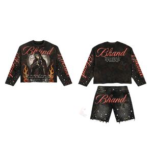 Ensemble T-shirt et short en jean pour homme, coupe ample, délavé à l'acide, col rond, ourlet brut, strass, tenue en jean - Product Image 2