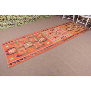 Turkish <b>Rug</b>, <b>Runner</b> 3.3x10.3 ft Vintage <b>Rug</b>, Orange Bordered Wool <b>Rug</b> - Product Image 2