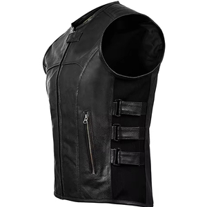 Gilet de motard en cuir véritable pour homme, coupe confortable, col rond, sans manches, coupe-vent, fermeture éclair, couleur unie, vêtement d'extérieur pour l'automne - Product Image 5