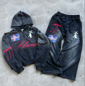 Survêtements personnalisés en coton de haute qualité pantalon de survêtement évasé en éponge française et ensemble de sweat à capuche pour hommes Streetwear ensemble de survêtements délavés à l'acide - Product Image 1