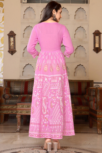Ensemble pantalon et kurta indien ethnique pour femme, en coton rose, col en V, manches longues, silhouette évasée, lavable en machine - Product Image 2