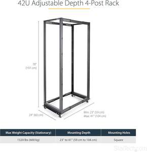 Support de serveur exclusif 42U 19 pouces à cadre ouvert | 4 poteaux réglables 22 à 40 pouces | Rack réseau mobile sur pied - Product Image 3