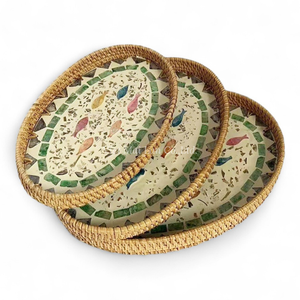 Plateau en nacre naturelle avec rotin fait à la main pour servir les aliments, la salle à manger et l'exposition - Product Image 1