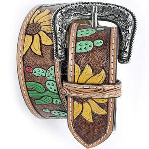 Hand Carved Sunflower Embossed Design Western <b>Leather</b> Tooling <b>Belt</b> Custom Made Colorful Tooled <b>Leather</b> Cowboy <b>Belt</b> - Product Image 2