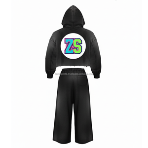 Survêtement chaud en polaire à fermeture éclair 380 GSM ensemble de sweat à capuche d'hiver couche intérieure douce couleur noire logo patch chenille personnalisé survêtements - Product Image 2