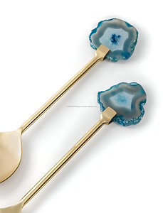 Luxury Golden Stainless Steel and Agate Salad Server Set for Home Kitchen Hotels Restaurants Weddings - Product Image 4