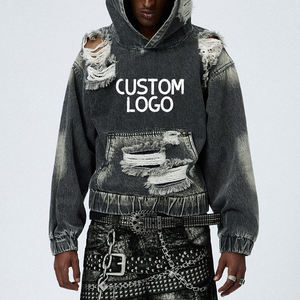 Jersey recortado lavado de algodón pesado de los fabricantes, ropa de calle, Sudadera con capucha desgastada de gran tamaño con hombros caídos para hombre. - Product Image 1