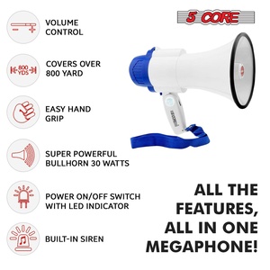 Mégaphone 5 cœurs 30W, haut-parleur PA type corne de bœuf avec portée de 800 yards, amplificateur vocal USB puissant, portable - Product Image 2