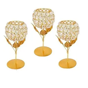 Glossy Finishing Tea Light Candle Holder Handmade Design Crystal Beaded Golden Metal Stand Candle Votive Holder