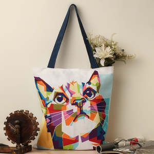 Sacs fourre-tout en toile de coton à motif géométrique chat vibrant, durables et écologiques pour usage quotidien, cadeaux, publicité, personnalisation sérigraphiée - Product Image 2