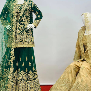 Vêtements de fonction d'hiver: Costume de lit de mariée avec Lehenga lourd, chemisier, Plazo, Blazer & Dupatta, 9 couleurs, 5 motifs - Product Image 1