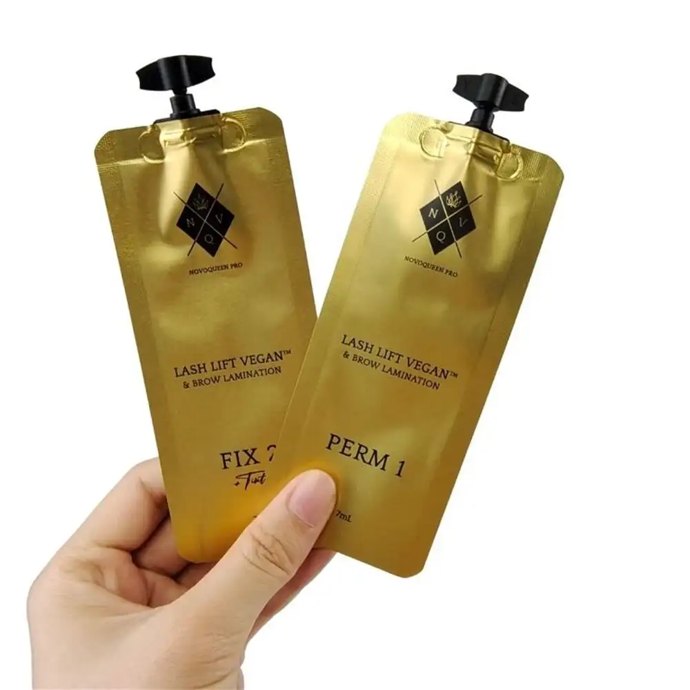 Matte Metallic Gold Finish 7ml Capacity Custom Full Color Flat Bags Spout Pouches With Nozzle For Cream Cosmetic Samples