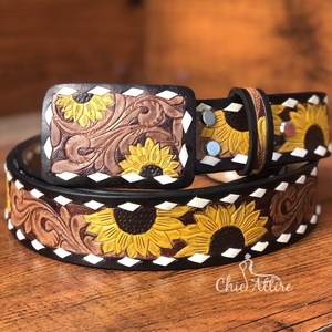 Cinturón Occidental de Cuero de Grano Completo Hecho a Mano, Correa de Hebilla Extraíble Unisex de Girasol con Estilo Occidental - Product Image 1