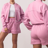 Setelan Wanita Oversize Putih Solid dengan Resleting Setengah, 2-Potong, Sweatshirt & Celana Pendek dari Katun Fleece, Ramah Lingkungan, Bernapas, Tracksuit