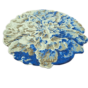 Round Abstract Blue Beige Rug - Handmade Modern Wool Carpet | Unique Floral Shaped Area Rug | Contemporary Designer <b>Floor</b> Decor - Product Image 3